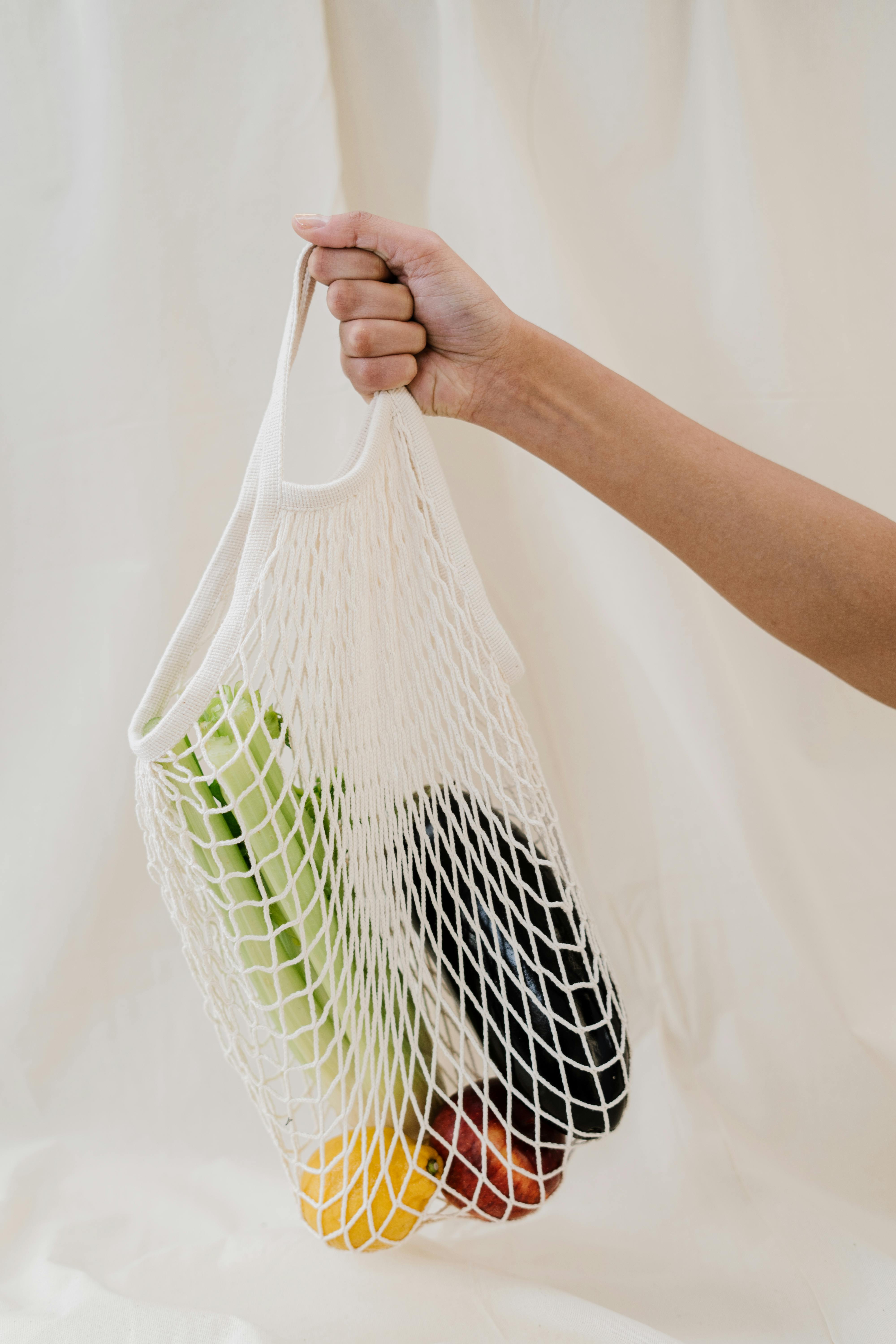 Hand holding a reusable mesh produce bag filled with organic vegetables including celery, eggplant, and lemon.
